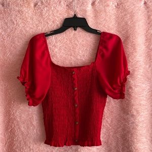 No Boundaries Red Ruched Puff Sleeve Top